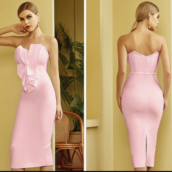 NEW! DESIGNER COUTURE PINK STRAPLESS RUFFLE BANDAGE DRESS TEXTURED RUFFLE BOW - Picture 4 of 11